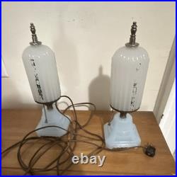 (PAIR) 1930s Houze Glass Art Deco translucent blue base SkyscraperLamps