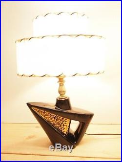 PAIR 1950s MID CENTURY DEENA BLACK GOLD LAMPS MODERN ART DECO FIBERGLASS SHADES