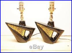 PAIR 1950s MID CENTURY DEENA BLACK GOLD LAMPS MODERN ART DECO FIBERGLASS SHADES