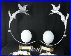 PAIR ART DECO 1930 French chrome marble onyx birds egg lamp bed desk