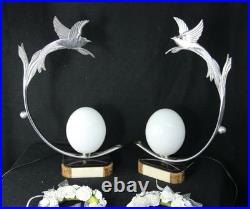 PAIR ART DECO 1930 French chrome marble onyx birds egg lamp bed desk