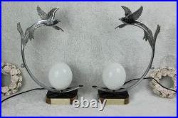 PAIR ART DECO 1930 French chrome marble onyx birds egg lamp bed desk