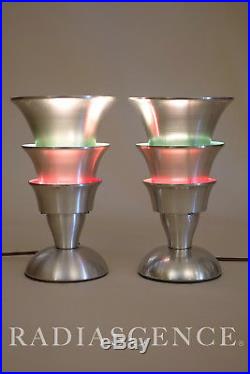PAIR ART DECO STREAMLINE MODERN ALUMINUM TORCHIERE TABLE LAMPS 30s MARKEL FARIES