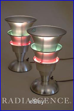 PAIR ART DECO STREAMLINE MODERN ALUMINUM TORCHIERE TABLE LAMPS 30s MARKEL FARIES