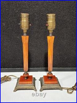 PAIR OF AMBER BAKELITE VINTAGE ART DECO LAMPS WithORNATE METAL BASES