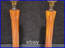 PAIR OF AMBER BAKELITE VINTAGE ART DECO LAMPS WithORNATE METAL BASES