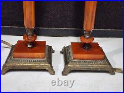 PAIR OF AMBER BAKELITE VINTAGE ART DECO LAMPS WithORNATE METAL BASES