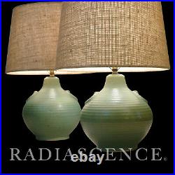 PAIR REDWING MATTE GREEN RINGWARE DECO ART POTTERY CERAMIC LAMPS BAUER MCCOY 40s