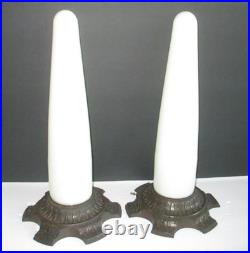 PAIR SHOWTEX Art Deco Architectural Skyscraper Cast Iron Glass Table Lamps