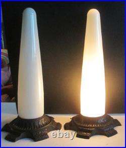 PAIR SHOWTEX Art Deco Architectural Skyscraper Cast Iron Glass Table Lamps