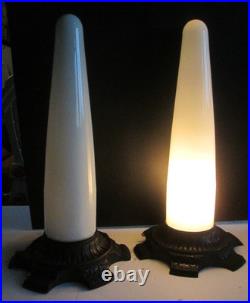 PAIR SHOWTEX Art Deco Architectural Skyscraper Cast Iron Glass Table Lamps