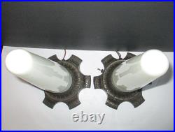 PAIR SHOWTEX Art Deco Architectural Skyscraper Cast Iron Glass Table Lamps