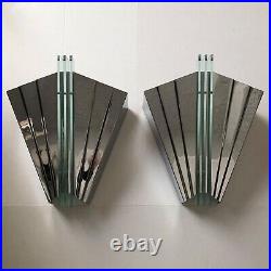 PAIR vtg 1980s ART DECO revival WALL SCONCES lights LAMPS chromed brass & glass