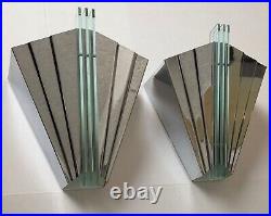 PAIR vtg 1980s ART DECO revival WALL SCONCES lights LAMPS chromed brass & glass