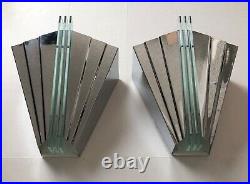 PAIR vtg 1980s ART DECO revival WALL SCONCES lights LAMPS chromed brass & glass