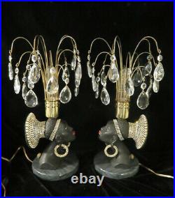 PR Vintage Jeweled Art Deco NUBIAN African Queen blackamoor Lamps Spelter Brass