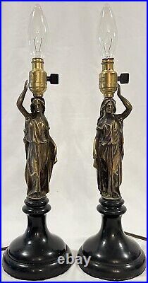 PR Vtg Deco Brass Bakelite Figural Goddess Neoclassical Table Lamps with Shade 15