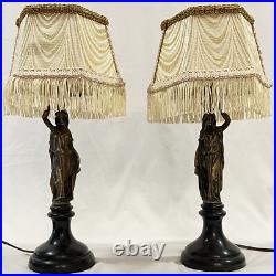 PR Vtg Deco Brass Bakelite Figural Goddess Neoclassical Table Lamps with Shade 15