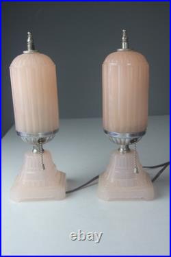 Pair 1930s HouzeX Houze Glass Art Deco Coralex Pink Skyscraper Boudoir Lamps