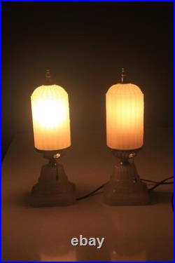 Pair 1930s HouzeX Houze Glass Art Deco Coralex Pink Skyscraper Boudoir Lamps