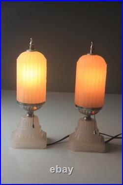 Pair 1930s HouzeX Houze Glass Art Deco Coralex Pink Skyscraper Boudoir Lamps