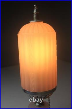 Pair 1930s HouzeX Houze Glass Art Deco Coralex Pink Skyscraper Boudoir Lamps