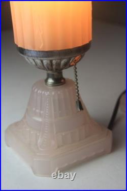 Pair 1930s HouzeX Houze Glass Art Deco Coralex Pink Skyscraper Boudoir Lamps