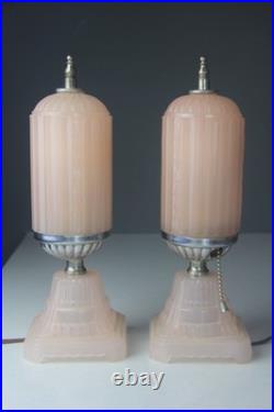 Pair 1930s HouzeX Houze Glass Art Deco Coralex Pink Skyscraper Boudoir Lamps