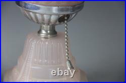 Pair 1930s HouzeX Houze Glass Art Deco Coralex Pink Skyscraper Boudoir Lamps