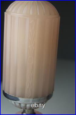 Pair 1930s HouzeX Houze Glass Art Deco Coralex Pink Skyscraper Boudoir Lamps