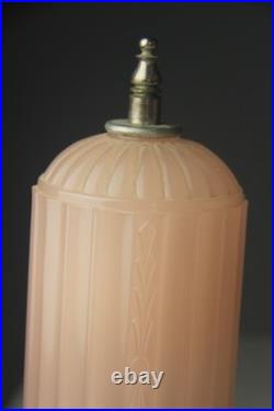Pair 1930s HouzeX Houze Glass Art Deco Coralex Pink Skyscraper Boudoir Lamps