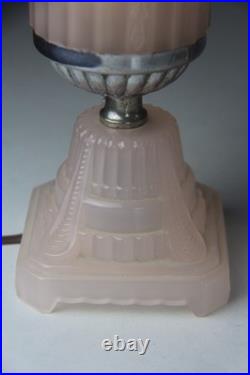 Pair 1930s HouzeX Houze Glass Art Deco Coralex Pink Skyscraper Boudoir Lamps