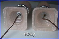 Pair 1930s HouzeX Houze Glass Art Deco Coralex Pink Skyscraper Boudoir Lamps