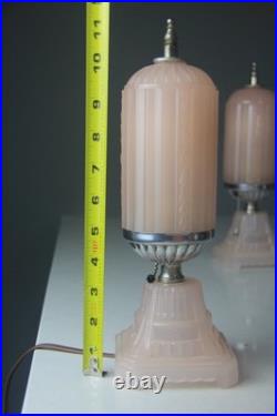 Pair 1930s HouzeX Houze Glass Art Deco Coralex Pink Skyscraper Boudoir Lamps