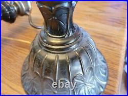 Pair 2 Large 27 Antique Metal Cast Lamps Brushed Brass 3 Bulb Vtg Art Deco MCM