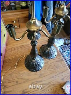 Pair 2 Large 27 Antique Metal Cast Lamps Brushed Brass 3 Bulb Vtg Art Deco MCM