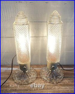 Pair 2 Vintage Art Deco Boudoir Torpedo Skyscraper Bullet Dresser Glass Lamps