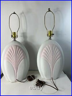 Pair 2 Vtg 80s Art Deco Revival Ceramic Pastel Clam Shell Table Lamps White Pink
