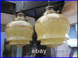 Pair ART DECO Mottled Glass Pendant Ceiling Lamp Shades with Galleried Fittings