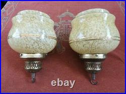 Pair ART DECO Mottled Glass Pendant Ceiling Lamp Shades with Galleried Fittings