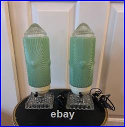 Pair Antique Art Deco Bullet Torpedo Skyscraper Table Lamps Jadeite Working
