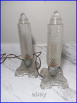 Pair Antique Art Deco Glass Bullet Torpedo Skyscraper Boudoir Table Lamps