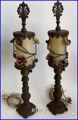Pair Antique Art Deco Nouveau Floral Iron Mantel Candlestick Flickering Lamps