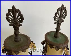 Pair Antique Art Deco Nouveau Floral Iron Mantel Candlestick Flickering Lamps