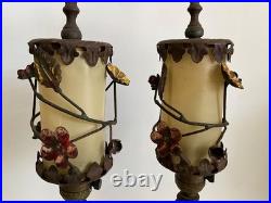 Pair Antique Art Deco Nouveau Floral Iron Mantel Candlestick Flickering Lamps