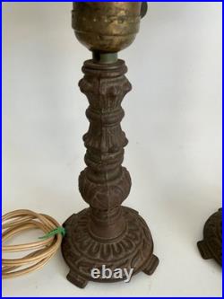 Pair Antique Art Deco Nouveau Floral Iron Mantel Candlestick Flickering Lamps
