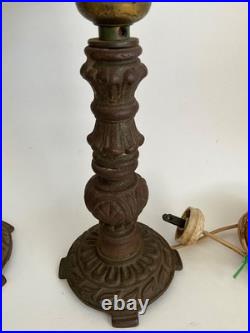 Pair Antique Art Deco Nouveau Floral Iron Mantel Candlestick Flickering Lamps