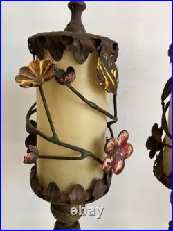 Pair Antique Art Deco Nouveau Floral Iron Mantel Candlestick Flickering Lamps