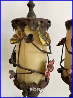 Pair Antique Art Deco Nouveau Floral Iron Mantel Candlestick Flickering Lamps