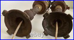 Pair Antique Art Deco Nouveau Floral Iron Mantel Candlestick Flickering Lamps
